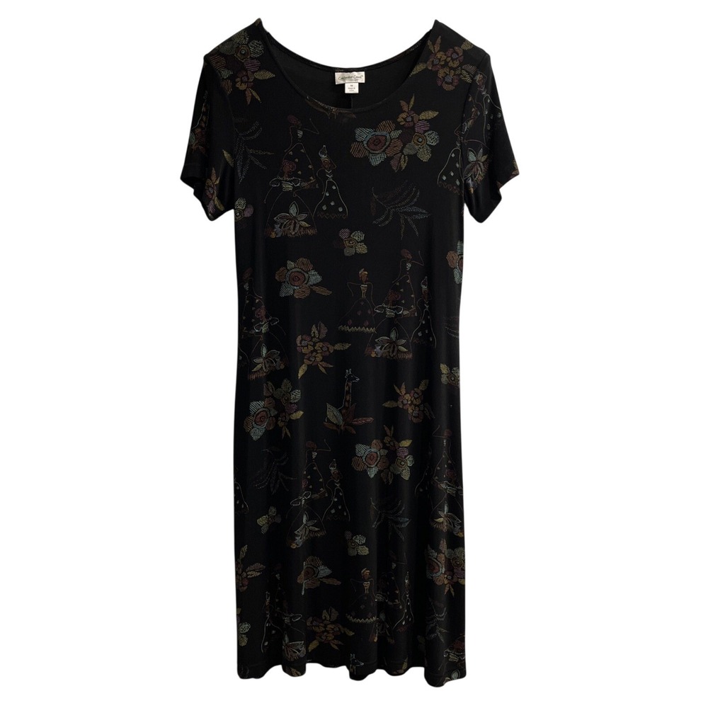 Vintage Coldwater Creek Dress Black Slinky Knit Travel Floral Print Maxi Size M